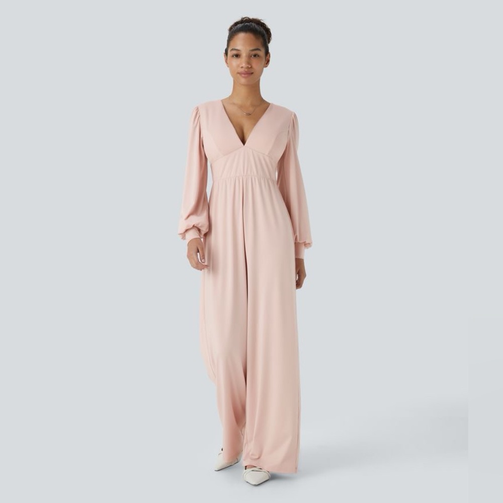 Halara V Neck Puff Long Sleeve Backless Casual Jumpsuit Peach Whip Sz XS new nwt